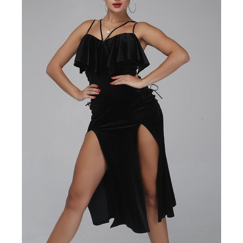 professional black velvet latin dance dress woman rumba samba costume sexy Perspective stitching salsa dress competition costume